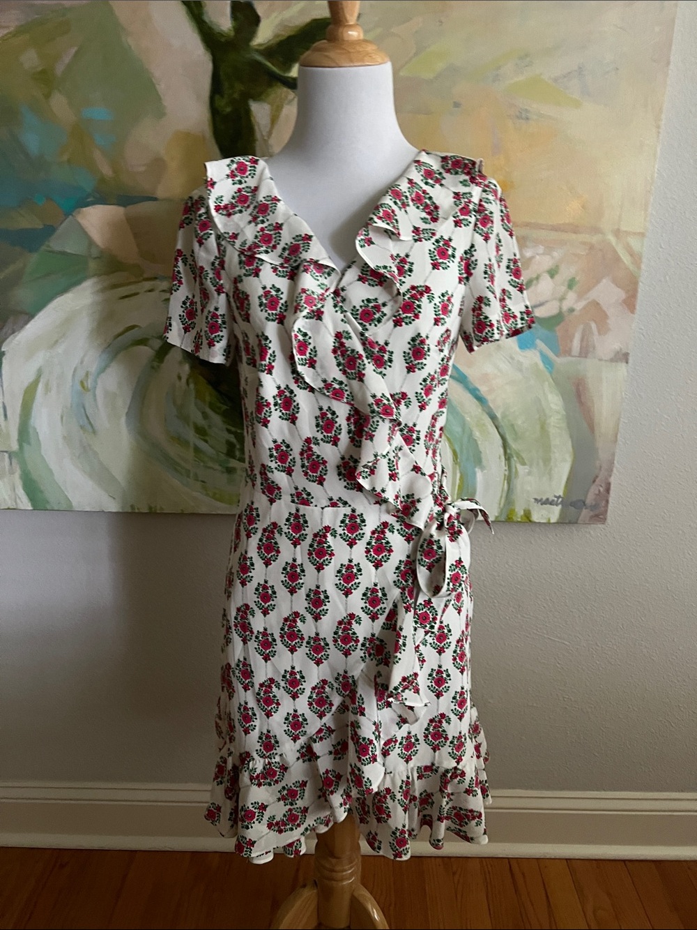 Club Monaco Menthida Floral Ruffle Silk Wrap Mini Dress size 2
